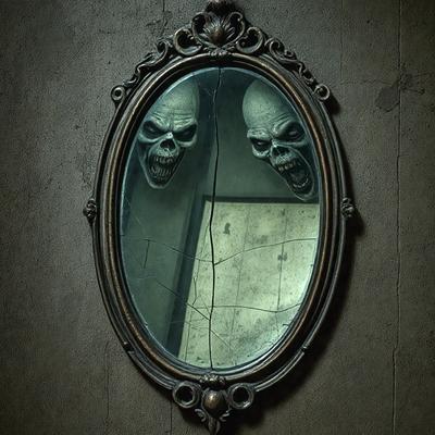The primary subject of the image is a mirror with a reflection of two skulls. The setting is a dark room, and the visual style appears to be a photo. The dominant colors are black and white, creating a moody atmosphere.